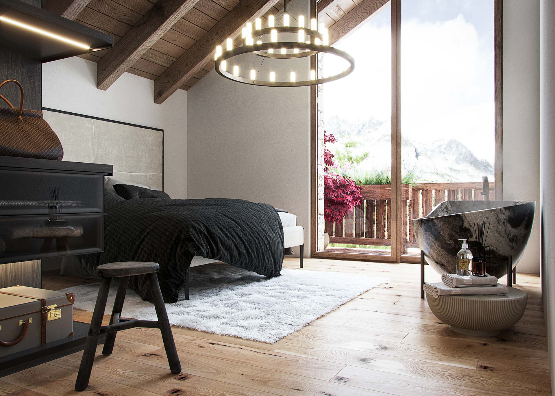 stanza con balcone sulle montagne